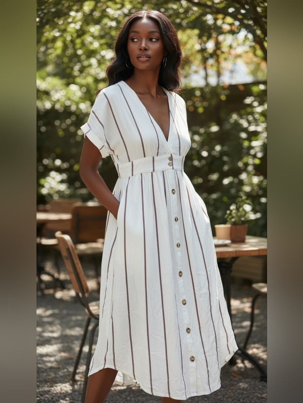 O'Neill White Brown Stripe Button Front Midi Dress Short Sleeve V-Neck Size S